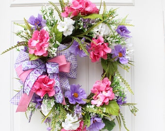 Spring Wreath with Pink Hydrangeas, White Geranium Decor, Pink and Purple Florals, Spring Garden Decor