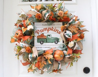 Fall Green Truck Wreath for Front Door, Vintage Truck Wreath, Pumpkin Decor, Teal Thanksgiving Decorations
