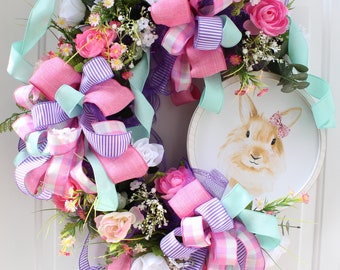 Easter Bunny Welcome Wreath for Front Door, Spring Easter Wreath for front door, Pastel Color Spring Wreath, Spring Flower Decor