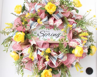 Spring Welcome Wreath for Front Door, Yellow Floral Decor, Easter Decor, Yellow Peony Wreath