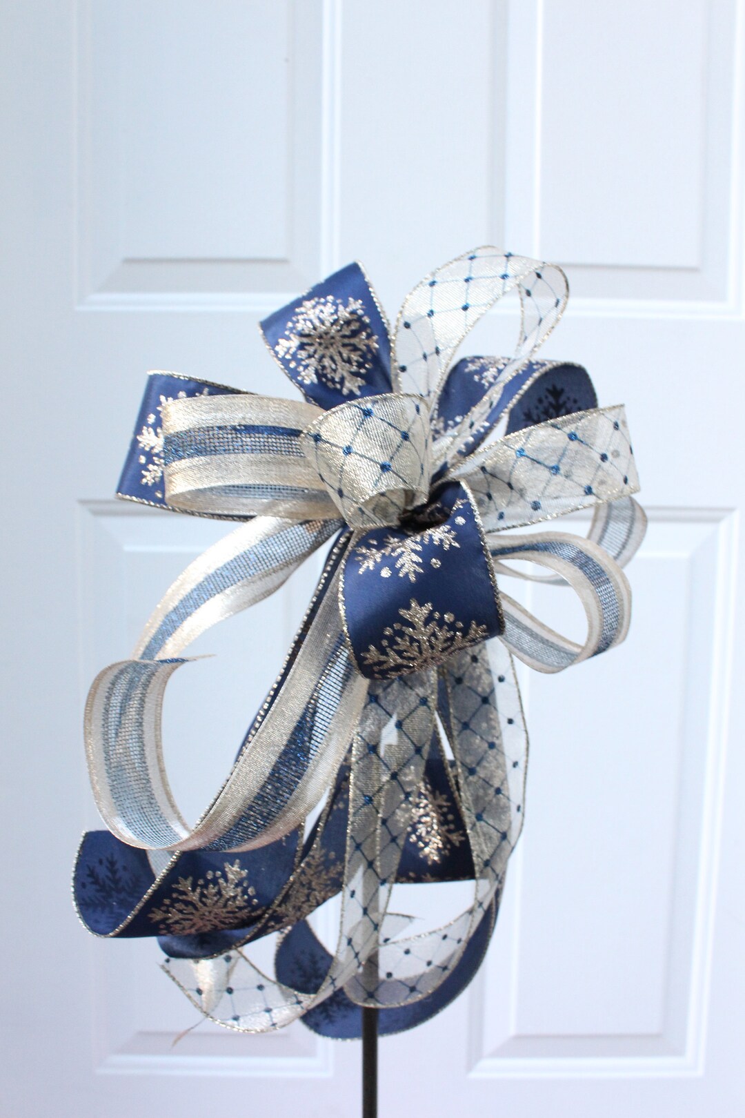 Blue and Gold Bow for Wreath, Elegant Christmas Bow in Blue and ...