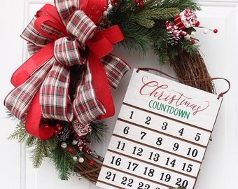 Christmas Countdown Advent Calendar Welcome Wreath for Front Door, Pine Plaid Christmas Wreath, Traditional Holiday Decor