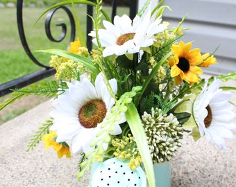 Spring Floral Arrangement for Home, Gift for Home, Sunflower Bucket, Watering Pail Arrangment