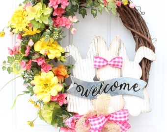 Spring Easter Bunny Welcome Wreath for Front Door, Easter Grapevine Decor, Spring Decor