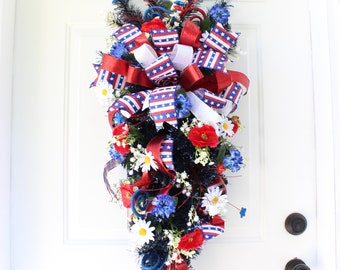 Patriotic Wreath Swag for Front Door, Summer Wreath, 4th of July, Independence Day Decor, American Flag Decor for Home, Military Wreath