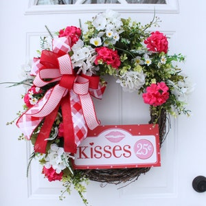 Valentine Heart Wreath for Front Door, Pink Valentines Wreath, Valentines Day Decor, Pink and White Flowers