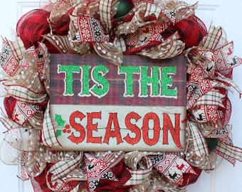 Nordic Plaid Christmas Wreath for Front Door,  Reindeer Welcome Wreath, Holiday Door Decor