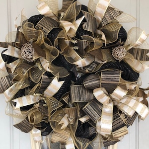 Black and Gold New Year&#39;s Wreath for Front Door, Champagne Wreath, Elegant Cocktail Decor