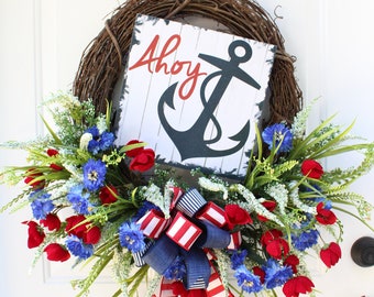 Nautical Anchor Wreath for Front Door, Nautical Floral, Coastal Ocean Wreath, Beach Decor