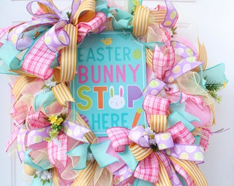 Spring Pastel Easter Wreath for Front Door, Spring Floral Wreath, Easter Bunny Decor