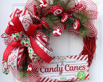 Candy Cane Christmas Wreath for Front Door, Whimsical Holiday Decor, Sweets Wreath