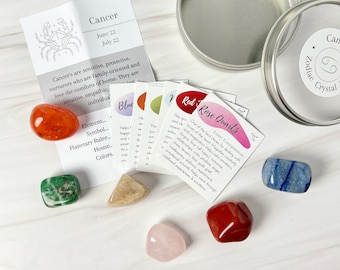 Cancer Zodiac Crystal Set | Crystal kit of zodiac crystals has 6 tumbled crystals, crystal meaning cards, zodiac sign info | Astrology gifts
