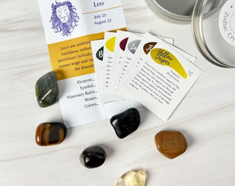 Leo Zodiac Crystal Set | Crystal kit of 6 tumbled zodiac crystals, crystal meaning cards, zodiac sign info | Crystal gifts for birthday