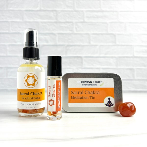 Sacral Chakra aromatherapy and crystal healing | Great for meditation, self care, and yoga gifts | Available in roll-on, spray, or kit