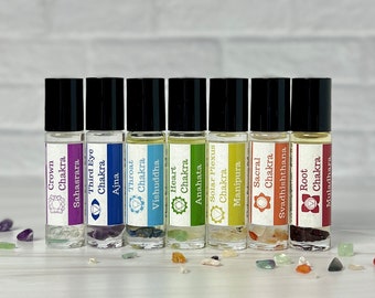 Chakra essential oil roller infused with crystals  | 7 Chakra balance roll on perfume oil | The perfect self care, spiritual or yoga gifts