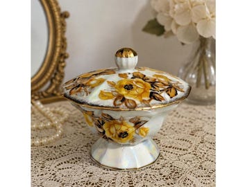Royal Sealy China Covered Trinket Dish Vintage Yellow Rose Iridescent Luster