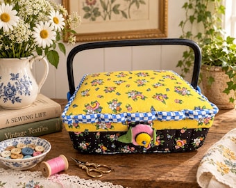 Mary Engelbreit Sewing Basket Organizer Small Yellow Floral Gingham Vintage