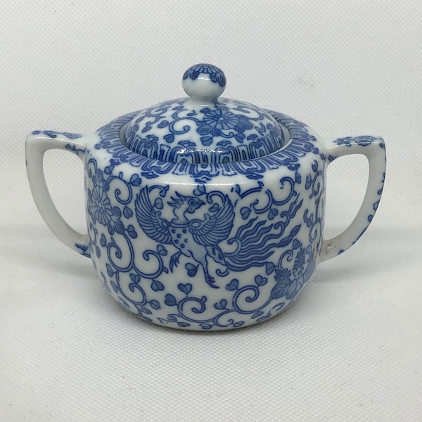 Blue and White Miniature Covered Jar Urn Made in Japan Shelf Decor Porcelain Jar Marked Signed Dragon and Scroll Design