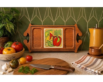 Vassoio per cracker in legno stile Mid-Century Modern, piatto da portata per formaggi e verdure in ceramica Gail Craft Japan, vassoio da portata per feste in stile retrò Boho anni '70