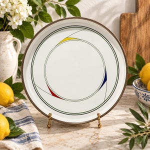 May include: A round white ceramic plate featuring a dark brown rim and a central graphic design composed of thin dark green circular lines intersected by small, sharp geometric accents in primary yellow, red, and deep blue colors.