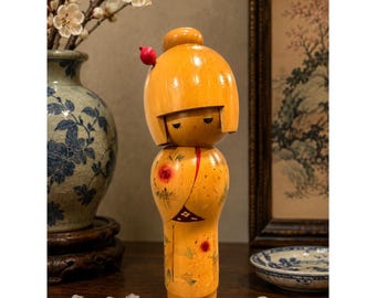 Japanse Kokeshi-pop handgeschilderd houten beeldje bloemenkimono MCM Aziatisch decor