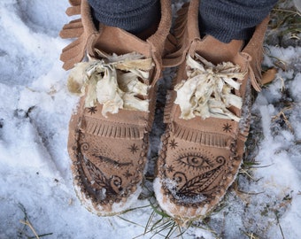 Inward and Outward:. Upcycled Leather Moccasins, with Eco-dyed Silk Laces, and Pyrographed Designs.
