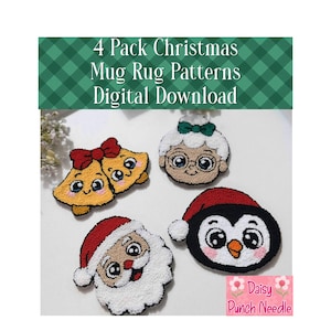 Puede incluir: Cuatro patrones de posavasos navideños disponibles como descarga digital. Los diseños incluyen un par de campanas, una Sra. Claus, un Papá Noel y un pingüino, todos con caras de dibujos animados. El texto dice "4 Pack Christmas Mug Rug Patterns Digital Download."
