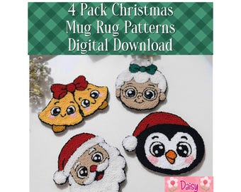 Set van 4 kerstmok vloerkleed punchnaaldpatronen – digitale download