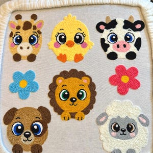 May include: A collection of colorful, embroidered animal and floral designs. The designs include a giraffe, chick, cow, blue flower, lion, pink flower, puppy, and sheep. Each design has large, expressive eyes and is set against a light gray background.