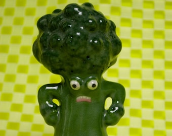 Handmade Angry Broccoli Vegetable Sculpture Googly Eyes Tongue Veggie Kawaii Cute Emoji