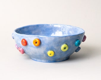 Made to Order Handmade Ceramic Fruit Loop Glazed Blue Cereal Bowl Breakfast Dessert Rainbow Kawaii Cute