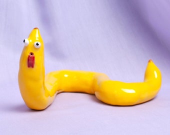 Made to Order Handmade Banana Fruit Worm Sculpture Googly Eyes Tongue Veggie Kawaii Cute Emoji