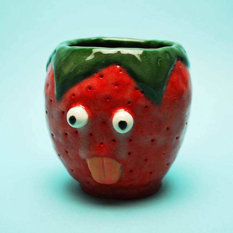 Handmade Sad Crying Ceramic Strawberry Glazed Planter Googly Eyes Tongue Fruit Kawaii Cute Emoji 