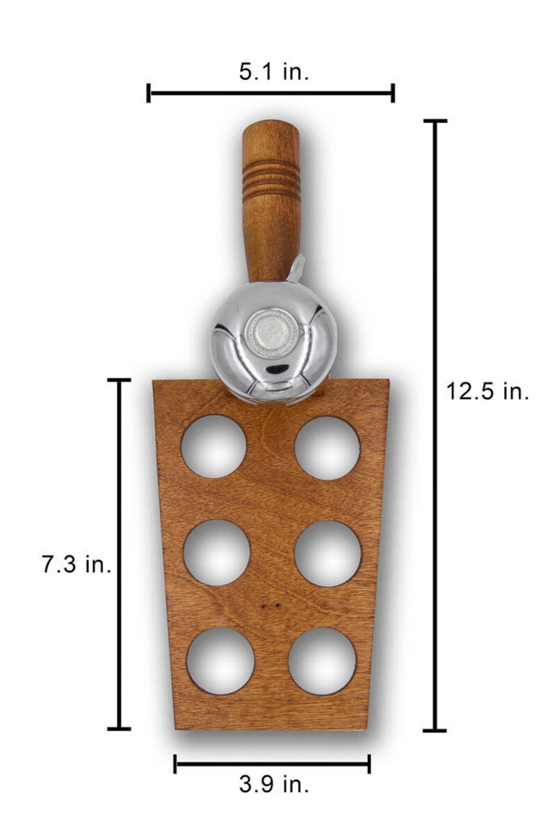 May include: A wooden wine bottle holder with a silver bell and a wooden handle. The holder has six circular openings and measures 12.5 inches tall, 5.1 inches wide, and 3.9 inches deep. The wooden base is 7.3 inches tall.