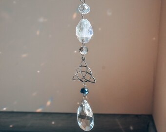 Wicca Car Charm with Fluorite, Triquetra Rear View Mirror Decor, Witch Sun Catcher