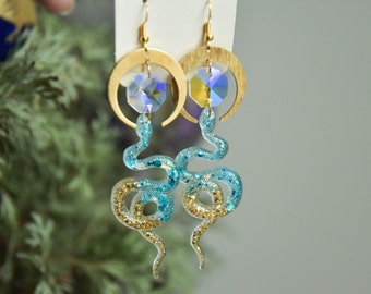 Snake Earrings with Moons, Gold and Blue Drop Earrings, Medusa Earrings, Wichy Jewellery