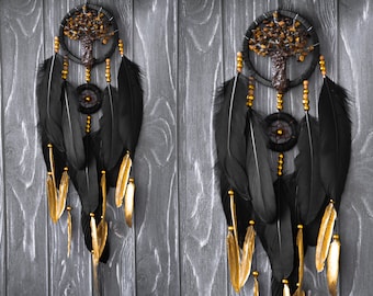 Dream catcher Tiger's Eye Dreamcatcher Tree of Life Dreamcatcher Black Gold Boho Decor Christmas Decor
