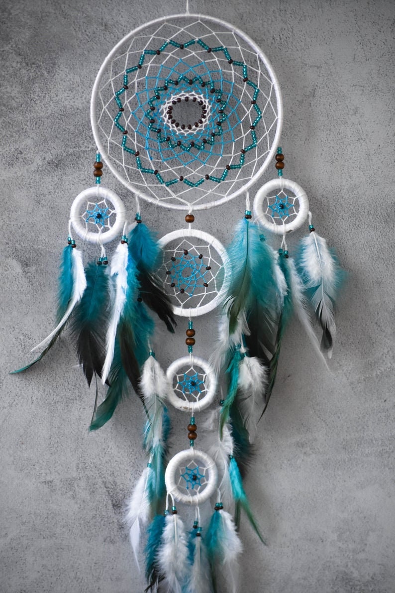 お歳暮 人気 Turquoise Dream Catcher Light Blue Christmas Gift Large モビール