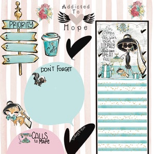 Può includere: Una pagina di pianificatore stampabile con uno sfondo a righe rosa e bianco. La pagina presenta una varietà di illustrazioni, tra cui una tazza di caffè, una scatola regalo, un telefono, una puzzola, un gatto e una donna con un vestito nero. Il testo "Addicted to Hope" è scritto in nero nella parte inferiore della pagina.