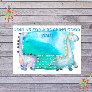 Kids watercolor Dinosaur Invite *Instant access* digital download birthday invitation