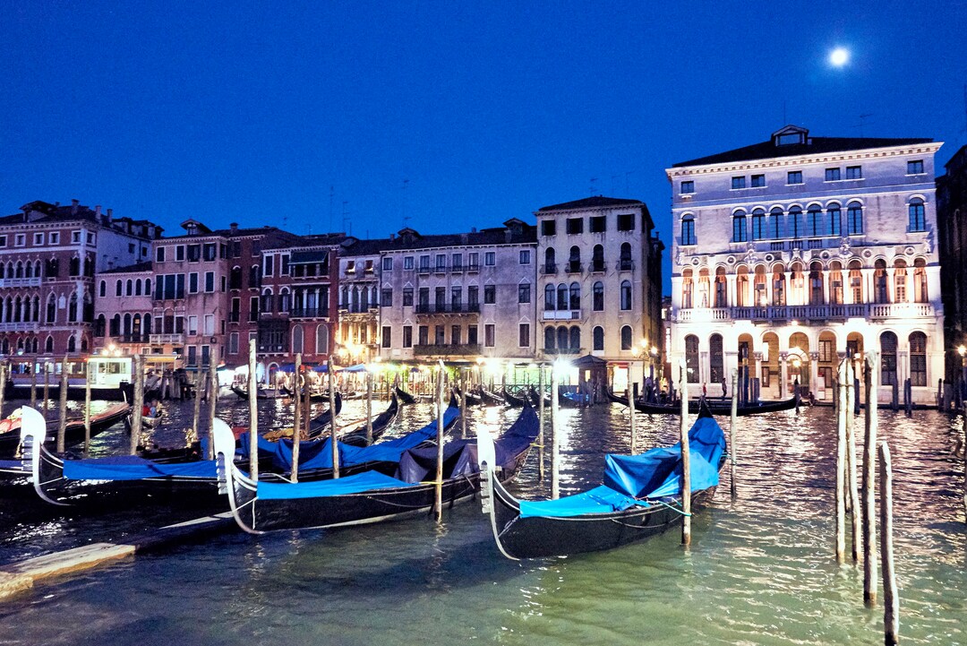 Gondolas at Night on the Grand Canal in Venice, Italy 2 - Etsy