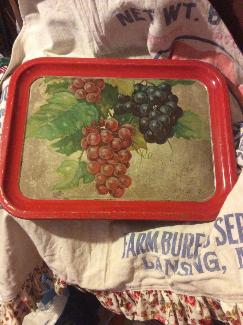 Vintage Metal Serving Tray with grapes Etsy
