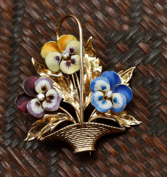 14K Gold Pin, Enamel and Diamonds, Vintage Brooch… - image 2