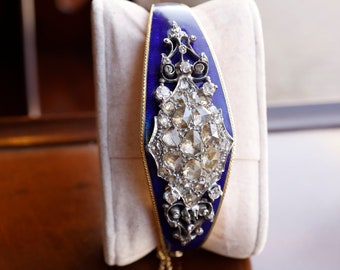 Antique Victorian Blue Enamel & Rose Cut Diamond over 14k Bracelet