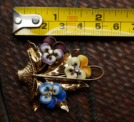 14K Gold Pin, Enamel and Diamonds, Vintage Brooch… - image 3