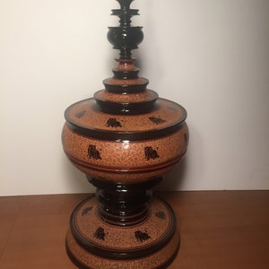 Burmese Pagan Style Black Elephant Lacquer Ware Monk Offering Vessel, Hsun Ok, Rare