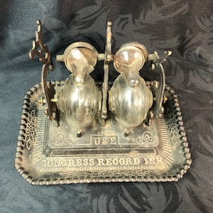 Victorian Cast Iron and Glass Congress Record Double Revolving Snail Inkwell, Rare