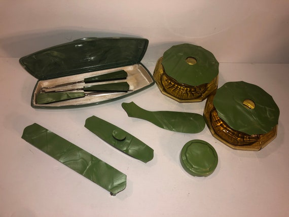 Celluloid Bakelite Vanity Set, 14 Piece
