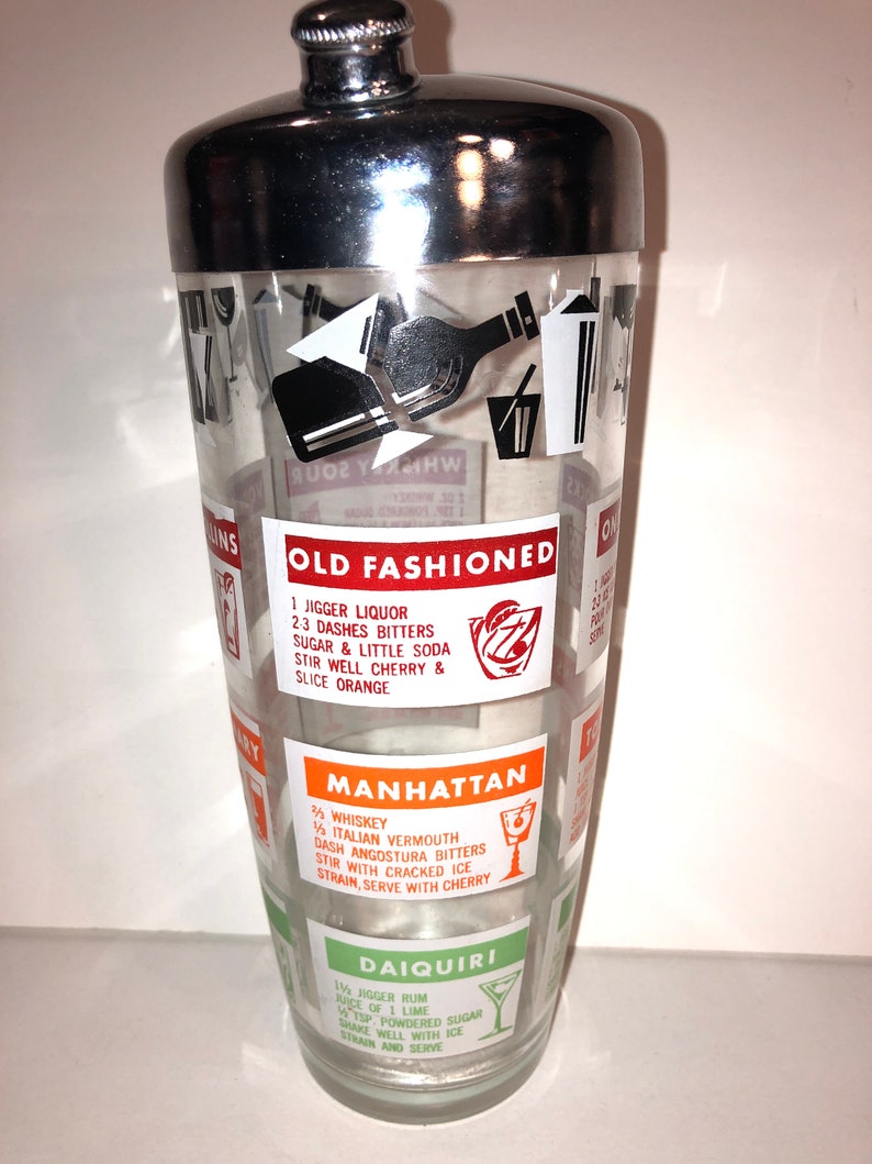 Vintage Glass Cocktail Shaker With Recipes Barware Retro Etsy