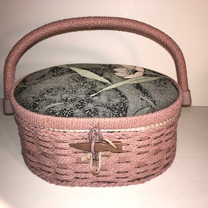 Pink Floral Wicker Weave Sewing Box